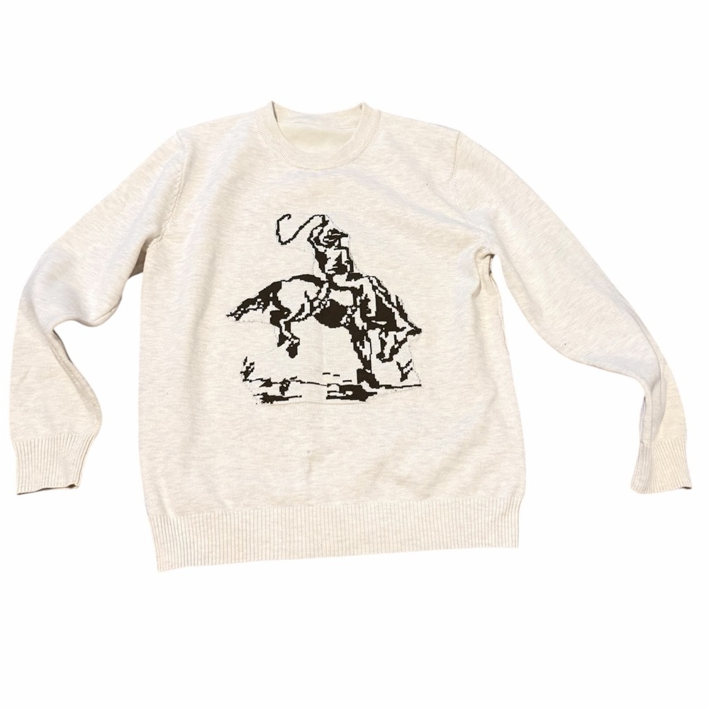Vintage 80s Women's Cowboy Graphic Pattern Knit Sweater Size Medium (20x23)